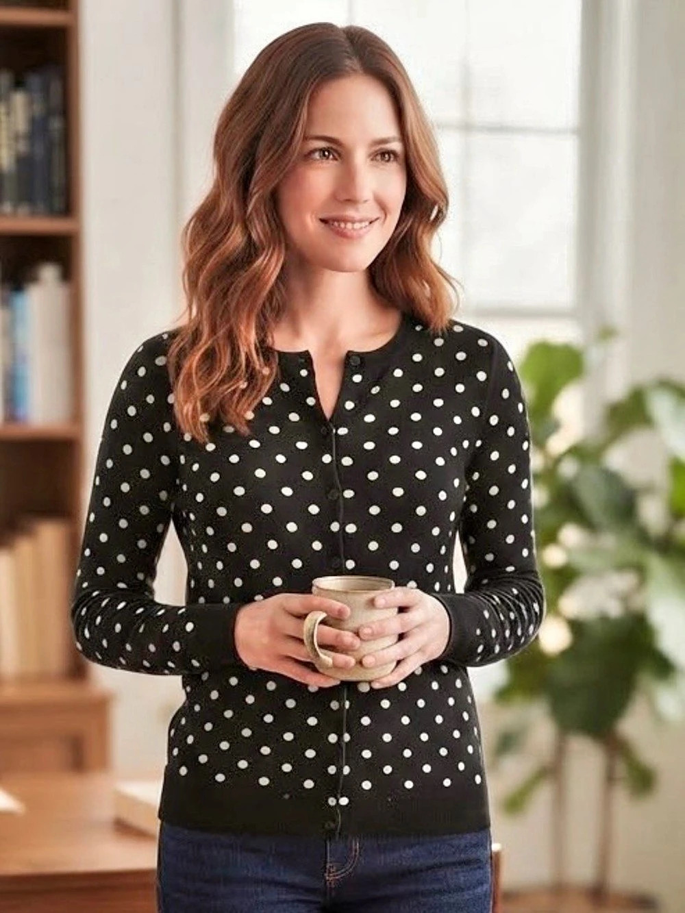 Ann Taylor | Polka Dot Cotton Cardigan in Black & White | Size Small